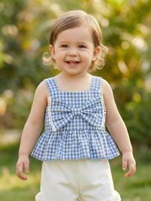 SHEIN Vintaside Kids Baby Girl Casual Plaid Bow Decor Camisole And Shorts Set, Summer - Blue - View 7