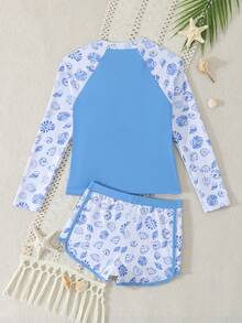 SHEIN Tween Girls Tankinis 2-Piece Swimwear Set,Blue Ocean Shell Print Long Sleeve Rash Guard Bathing Suit,White,Summer,Casual,Pool Party,Vacation,Holiday - Blue - View 2