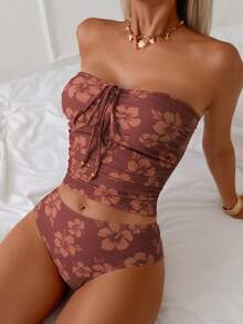 Swim Mod Women's Tropical Print Two Pieces Bikini Set, Casual Holiday - Multicolor - View 3