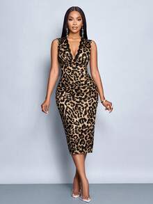 SOLERSUN 女士撞色蕾丝豹纹深 V 领灯笼袖修身中长连衣裙，优雅通勤、休闲约会、性感浪漫情人节、春夏时尚无袖节日派对 - 棕色 - 查看 3