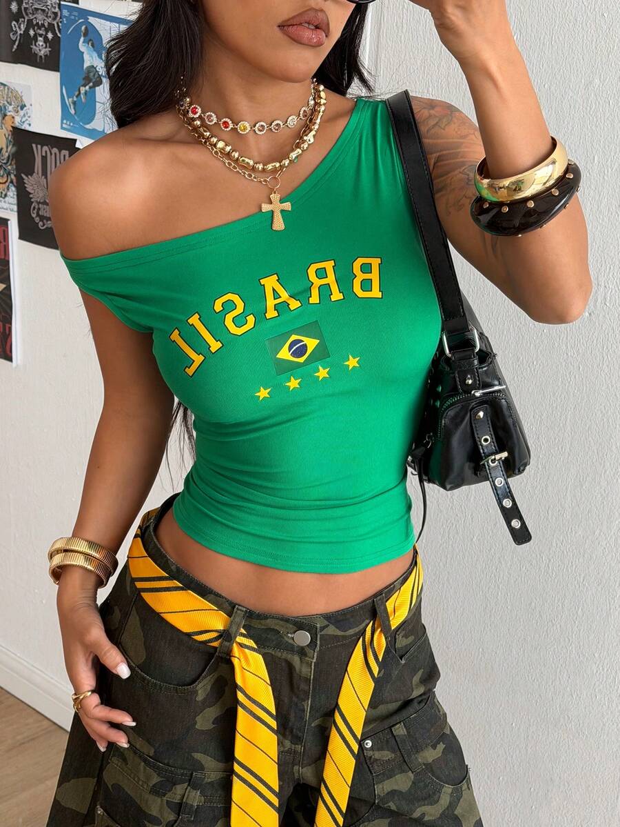StreetHx Women's Ruched Waist Sleeveless Asymmetrical Shoulder T-Shirt With Brazil Flag Print, Basic Style, Green - Green - View 1