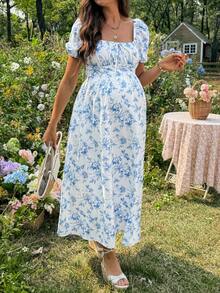 SHEIN Đầm bầu in hoa kiểu dáng thường ngày - Màu xanh lam - Xem 5