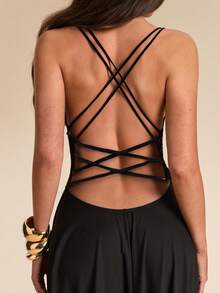 SHEIN BAE Đầm maxi nữ màu đen trơn, kiểu dáng đơn giản, hở lưng, cổ chữ V sâu, thích hợp cho tiệc tùng, kỳ nghỉ, tiệc chiêu đãi, đám cưới, đi chơi đêm, hẹn hò lãng mạn, mùa xuân/hè. - màu đen - Xem 3