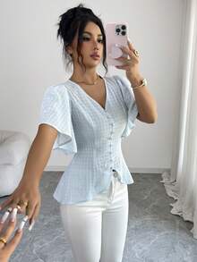 Modelyn Ny V-ringad, volangärmad, asymmetrisk design, nischkort, romantisk semesterskjorta - Babyblå - Visa 4