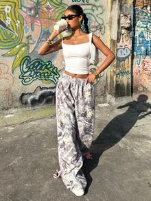 Muchica 女士新款全印花拼接腰带休闲宽松裤 - 彩色 - 查看 6