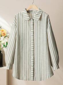 Lacomfia Women's Linen-Like Striped Loose Long Shirt And Wide Leg Pants Set, Casual Comfortable Versatile Plus Size - Multicolor - View 4
