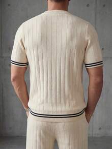 Airaco 夏季庆典季男士刺绣米色条纹针织Polo衫，街头休闲舒适装扮 - 杏色 - 查看 2