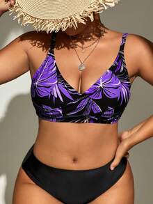 SHEIN Swim Curve Áo bikini hai mảnh họa tiết lá dành cho nữ cỡ lớn, thích hợp cho kỳ nghỉ biển. - Màu tím - Xem 1