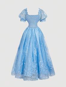 SHEIN MOD Đầm satin màu xanh nhạt lãng mạn với họa tiết ren và các mảnh ghép, viền xếp tầng bồng bềnh và nơ trang trí, thích hợp cho các buổi hẹn hò, tiệc tùng, ngày lễ, tiệc trà, sinh nhật. - Màu xanh lam - Xem 2