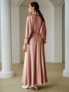 ZEYLAH Spring & Summer Elegant Wrap-Style Collared Long Sleeve Cinched Waist Fishtail Dress - Pink - View 3