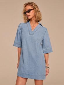 COSMINA Women's Denim Lapel 3/4 Sleeve Loose Casual Denim Dress, Elegant Commuter Denim Dress, Light Blue Denim Dress - Baby Blue - View 4