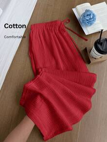 Comfortcana Quần ống rộng dáng suông, màu trơn, chất liệu vải nhăn, có dây rút, thích hợp cho kỳ nghỉ hè, cỡ lớn. - Đỏ - Xem 1