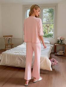 SHEIN Pink V-Neck Lace Patchwork Bow Decor Women Pajama Set - Baby Pink - View 2