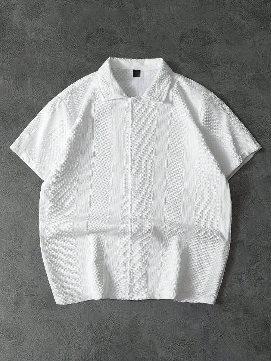PAVTROS Men's Solid Color Jacquard Knit Short Sleeve Shirt - White - View 1