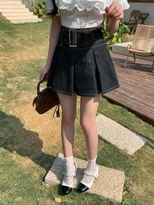 FRIFUL Women's Casual Pleated Waist Belt Denim Mini Skirt, Summer - Blue - View 2