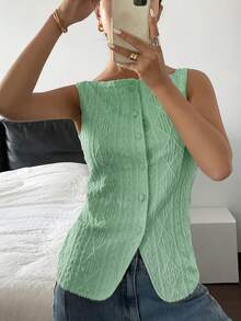 Siren Gaze Camisa casual sin mangas con botones y textura geométrica para mujer - Verde - Ver 5