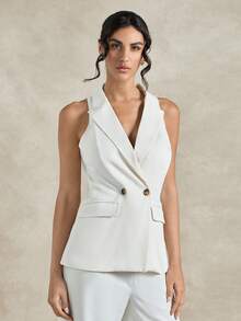 Briarwyn Conjunto de Terno Feminino com Blazer Casual de Gola Mandarim de Cor Sólida, Sem Mangas, Dupla Fileira de Botões, Fino, Roupas de Trabalho Elegantes para Mulheres de Escritório, Vestido Formal, Branco, Traje de Formatura, Cerimônia de Formatura - Damasco - Visão 4