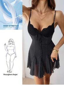 CurvyTilda 大码蕾丝拼接波点吊带A字情人节连衣裙 - 黑色 - 查看 8