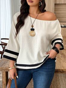 Weeklong Plus Size Women Spring/Summer Asymmetric Collar Contrast Trim Casual Vacation Shirt - Apricot - View 3