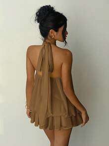 Aloruh Women's Elegant Light Yellow Halter Neck Tie Mini Dress ,Summer Dress - Khaki - View 2