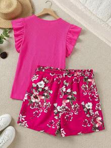 SHEIN LUNE 大码纯色圆领上衣和印花短裤两件套，女童夏季套装，女童春季服装，女士夏季两件套，女童碎花短裤套装，女童荷叶边袖上衣，儿童女童服装，幼儿女童短裤套装 - 玫紅色 - 查看 2