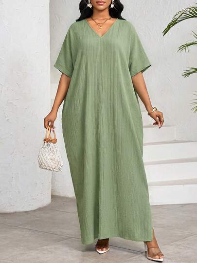 SHEIN Lady Women's Elegant Minimalist Solid Color V-Neck Short Sleeve Dress, Summer