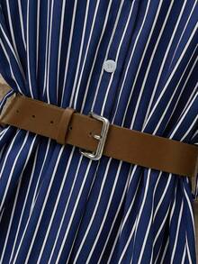 Franclia 女士新款休闲通勤条纹束腰衬衫裙，秋季 - 藏蓝色 - 查看 4