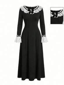 ROMWE SpringGothic Lace Patchwork Long Dress For Women, Spring/Summer - Black - View 9