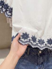 SHEIN Frenchy 大码女式休闲刺绣下摆衬衫，百搭日常穿着 - 白色 - 查看 5