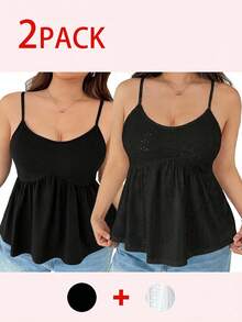 SHEIN EZwear Áo hai dây màu đen xếp nếp viền ren dành cho nữ cỡ lớn - màu đen - Xem 2