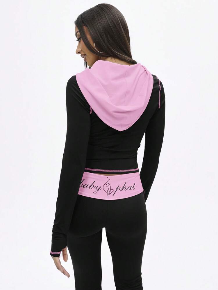 BABYPHAT Women's Zip Up Hooded Sweatshirt With Pink Contrast Hood And Stitching Cat Print Design Long Sleeve Casual Top Fall Winter