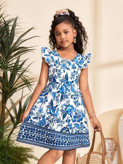 Young Girls Spring/Summer Casual Fashion New Blue Dress, Knitted Fabric With Blue Floral Digital Print Pattern, Sleeveless Ruffle Sleeve Round Neck Waisted Dress, Suitable For Young GirlCute & Elegant, Casual For Daily, School, Outing, Party, Holiday, Spring/Summer