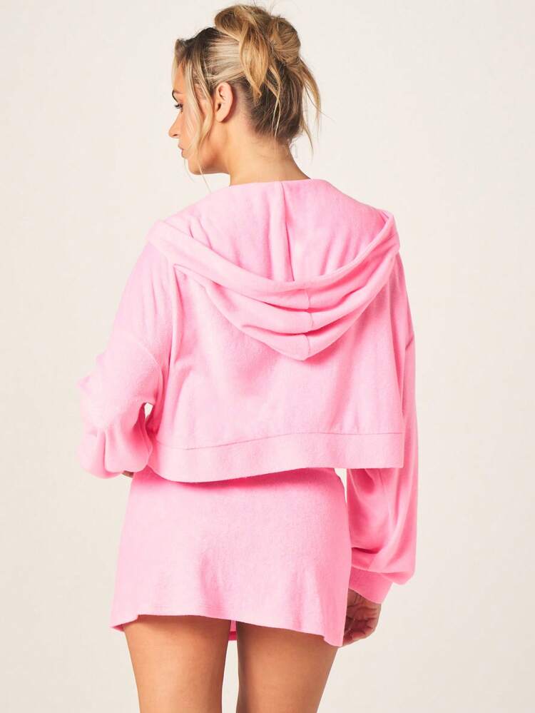 MISSGUIDED Women's Pink Towelling Zip Through Cropped Hoodie Long Sleeve Oversized Casual Pullover Jacket Spring Fall Loungewear