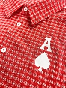 Manfinity Dauomo Casual Fashion Men's Letter & Plaid Short Sleeve Single-Breasted Shirt - Red - View 4