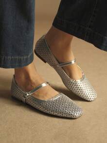 Rosivie Casual Versatile Simple Comfortable Breathable Women Flats - Silver - View 3