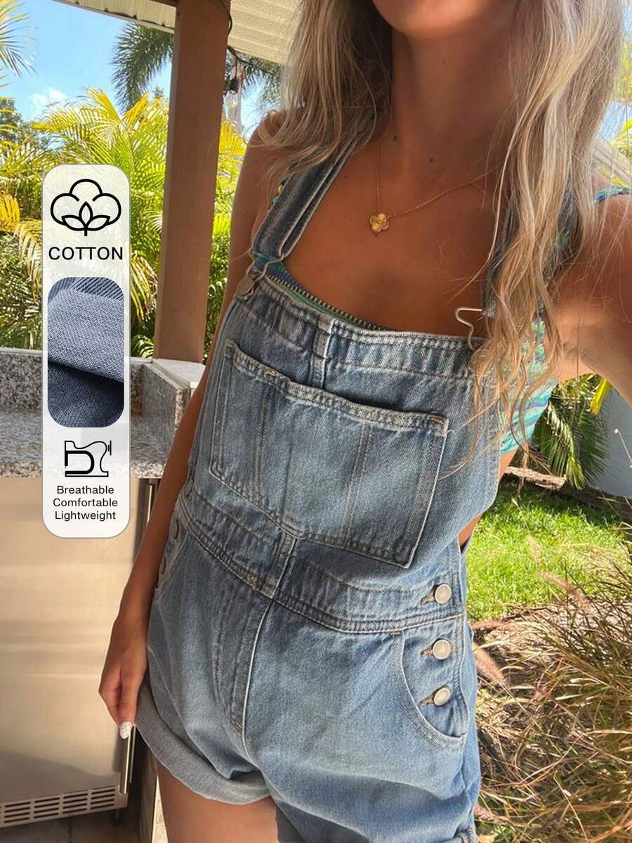 DAZY Women's Casual Loose Distressed Denim Overalls, Relaxed Fit, Suitable For Spring And Summer - Blue - View 1