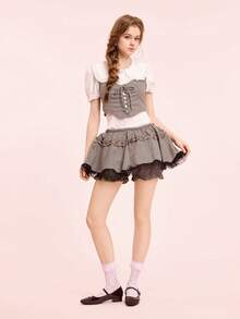 CUCCOO DOLLMOD 复古方头拼接玛丽珍鞋 女款 法式单字扣 天鹅绒气质粗跟通勤高跟单鞋 - 棕色 - 查看 6