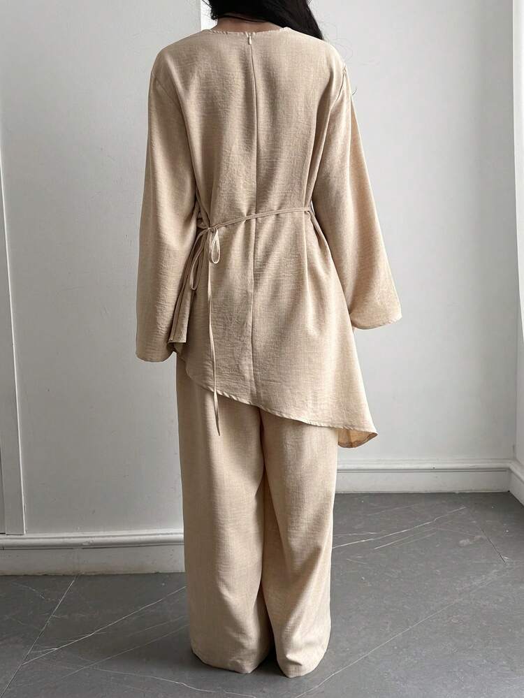 Women's Solid Color Drop Shoulder Long Sleeve Shirt And Pants Casual 2-Piece Set