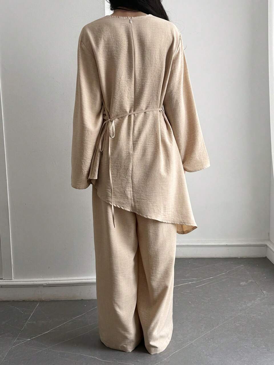Women's Solid Color Round Neck Dropped Shoulder Long Sleeve Shirt And Pants Casual Two Pieces Set