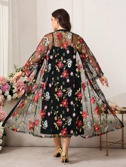 Reflora Plus Size Elegant Party Floral Embroidered Mesh Jacket & Dress 2-Piece Set Summer,Spring,Summer Outfits ,Summer Clothes,Summer Holiday Outfits,Spring Outfit Women,Spring Clothing,Spring Women,Valentine's Day,Valentine Outfits For Women ,Valentines,Valentine's Day Carnival,Carnival Costume,Carnival Women,Carnival Outfit,Carnival Women Look 2026,Fasching Women Costume ,Women Carnival Costume,Carnival Flower Luxury Evening Dresses For Women,Luxury Women's Jalabiya,Luxury Evening Dress For Women ,Luxury Evening Dresses For Weddings,Luxury Women's Abaya Beach,Beach Outfits For Women,Beach Outfit For Women,