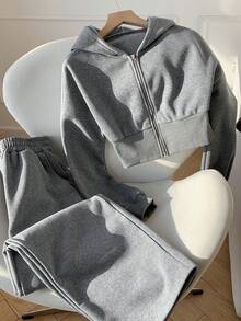 SHEIN EZwear 女式春季时尚粉色拉链连帽运动衫和裤子两件套 - 深灰色 - 查看 5