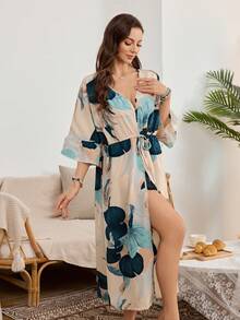 SHEIN Bata de mujer con estampado de hojas, cuello en V y cintura ceñida, de manga corta - Multicolor - Ver 1