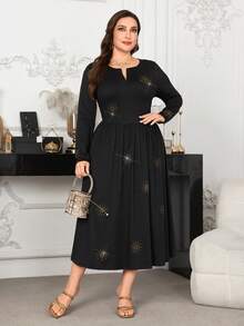 Modelyn Plus Size Women's V-Neck Fitted Rhinestone Decor Waist Cinched Textured Knit Dress, Casual For Spring/Summer - Black - View 4