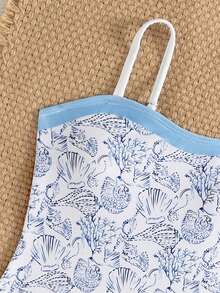 SHEIN 少女贝壳印花连体泳衣，适合游泳、度假、夏季海滩、泳池、节日派对 - 彩色 - 查看 4