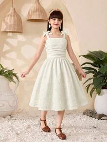 女童白色碎花纹理面料舒适夏季户外派对学校蝴蝶结吊带褶皱优雅蓬蓬裙 - 杏色 - 查看 5