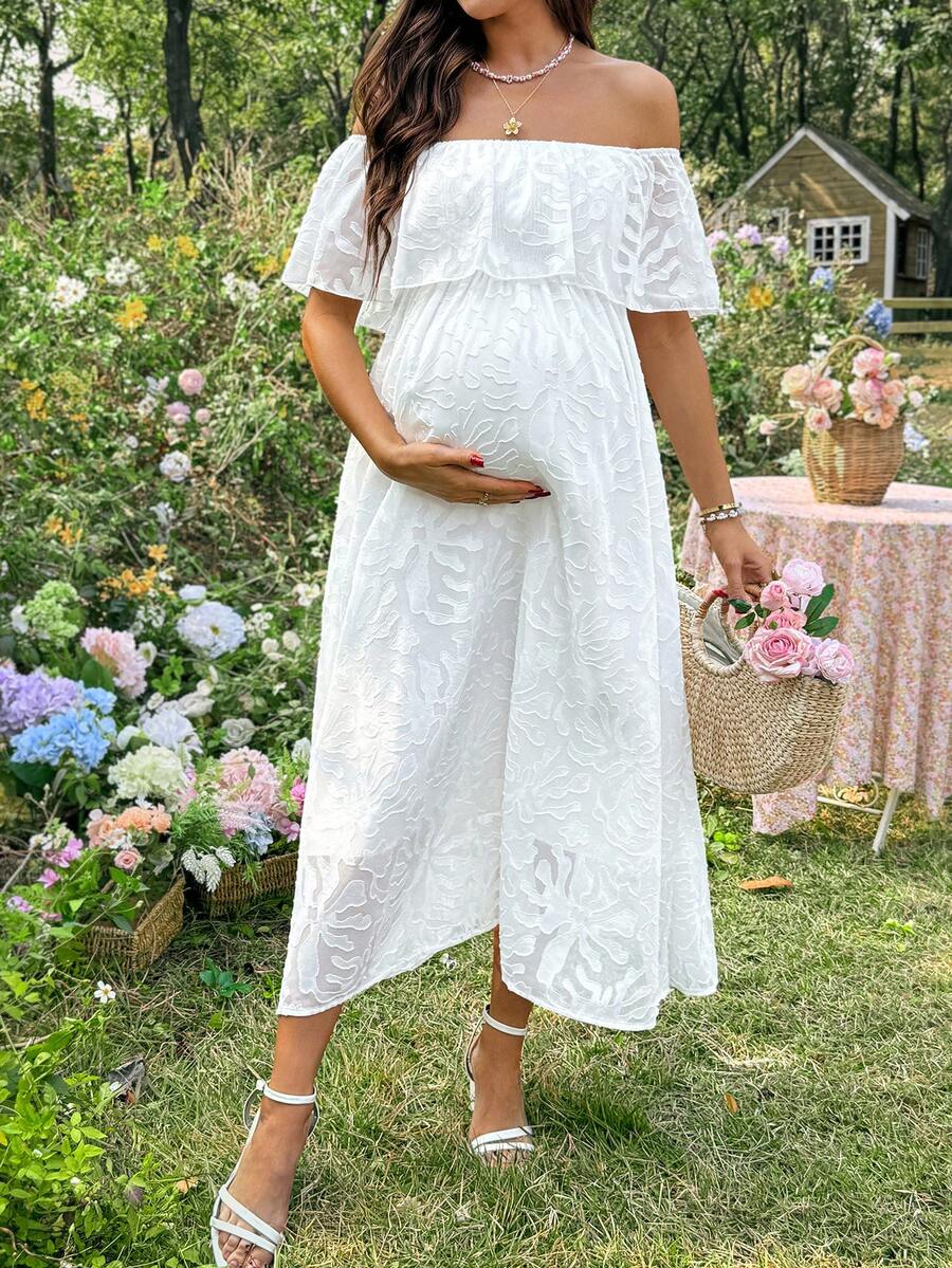 SHEIN Pregnant Women's Elegant Vacation Textured Off-Shoulder Dress, Summer - White - View 1