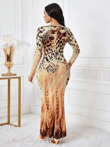 SHEIN Lady 女式优雅动物印花鱼尾下摆连衣裙，秋季 - 彩色 - 查看 2