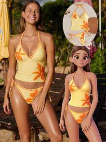 Swim Mod Women's Summer Vacation Casual Beach Wear Yellow Tropical Floral Print Bikini Two Pieces Swimsuit Set With Halter Neck Tie And Ruffle Trim - Multicolor - View 3