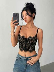 Aloruh Damen Spitzen-Trägerhemd Sexy Schwarzes Trägershirt - Schwarz - Übersicht 3