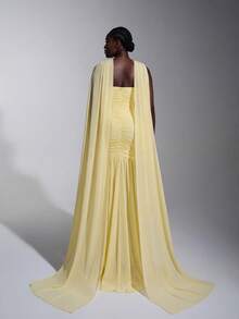 Elitara 大码优雅奶油黄雪纺露背连衣裙（亮片可拆卸），胸前荷叶边，网纱鱼尾裙摆，适合情人节、约会、度假、婚礼、伴娘等场合 - 黃色 - 查看 7